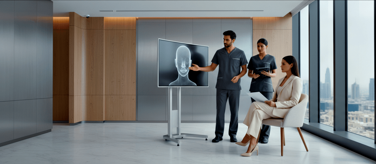 Two people in dark gray scrubs discuss a 3D wireframe head on a display; a woman in a cream blazer sits in a wood armchair holding papers.