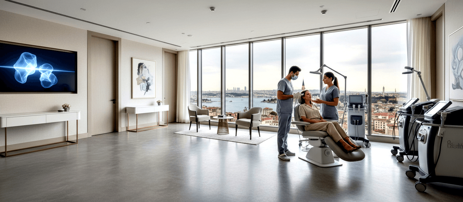 Woman in treatment chair attended by two grey-scrub practitioners; panoramic coastal city windows and blue 3D TV display behind.