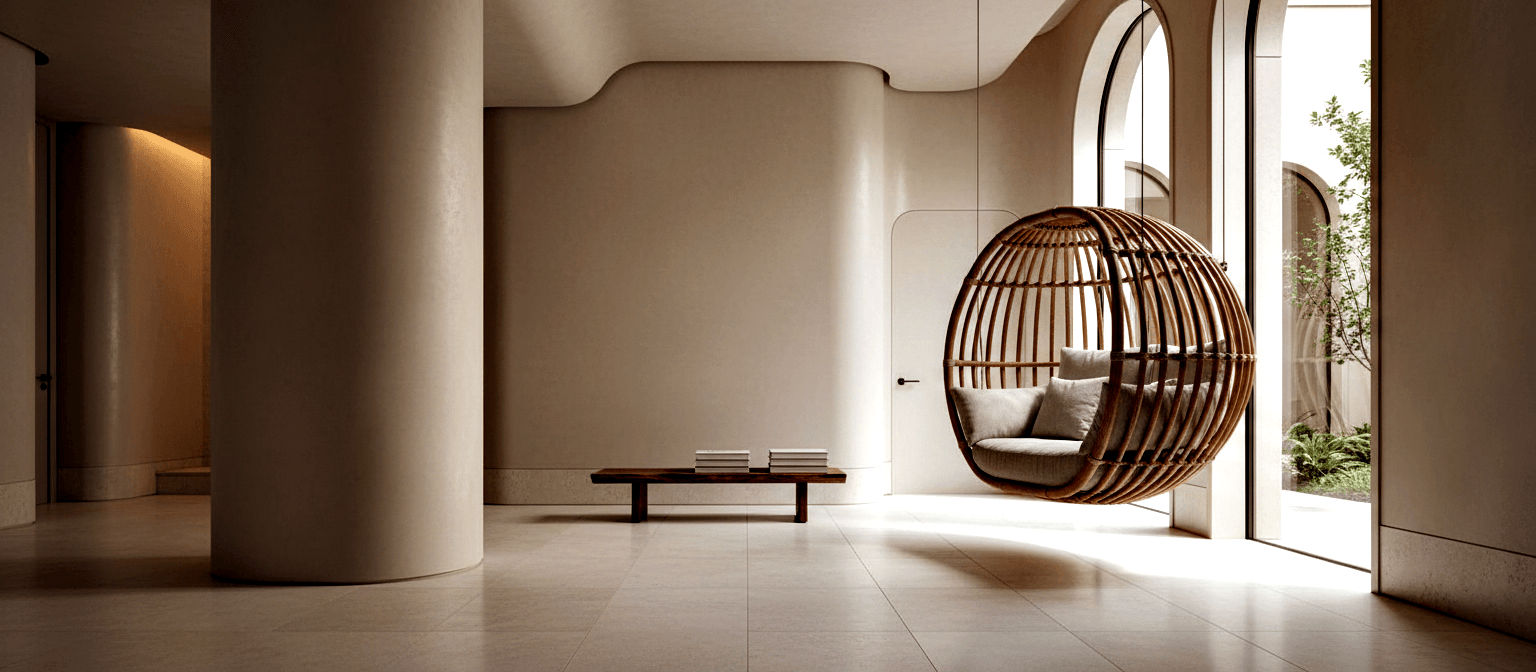 Spherical woven rattan hanging chair with grey linen cushions in a minimalist interior with arched windows and tiled floors.