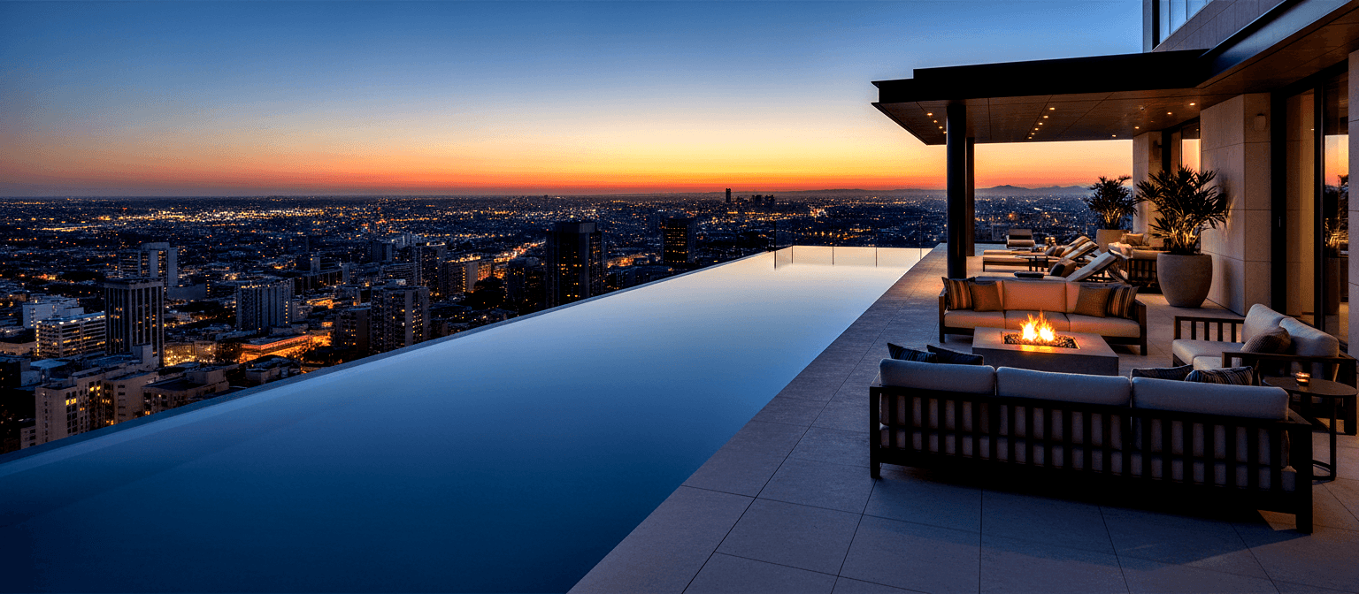 Rooftop infinity pool with deep-blue water beside a pergola-covered lounge area with fire pit, overlooking an amber-lit city grid at sunset.