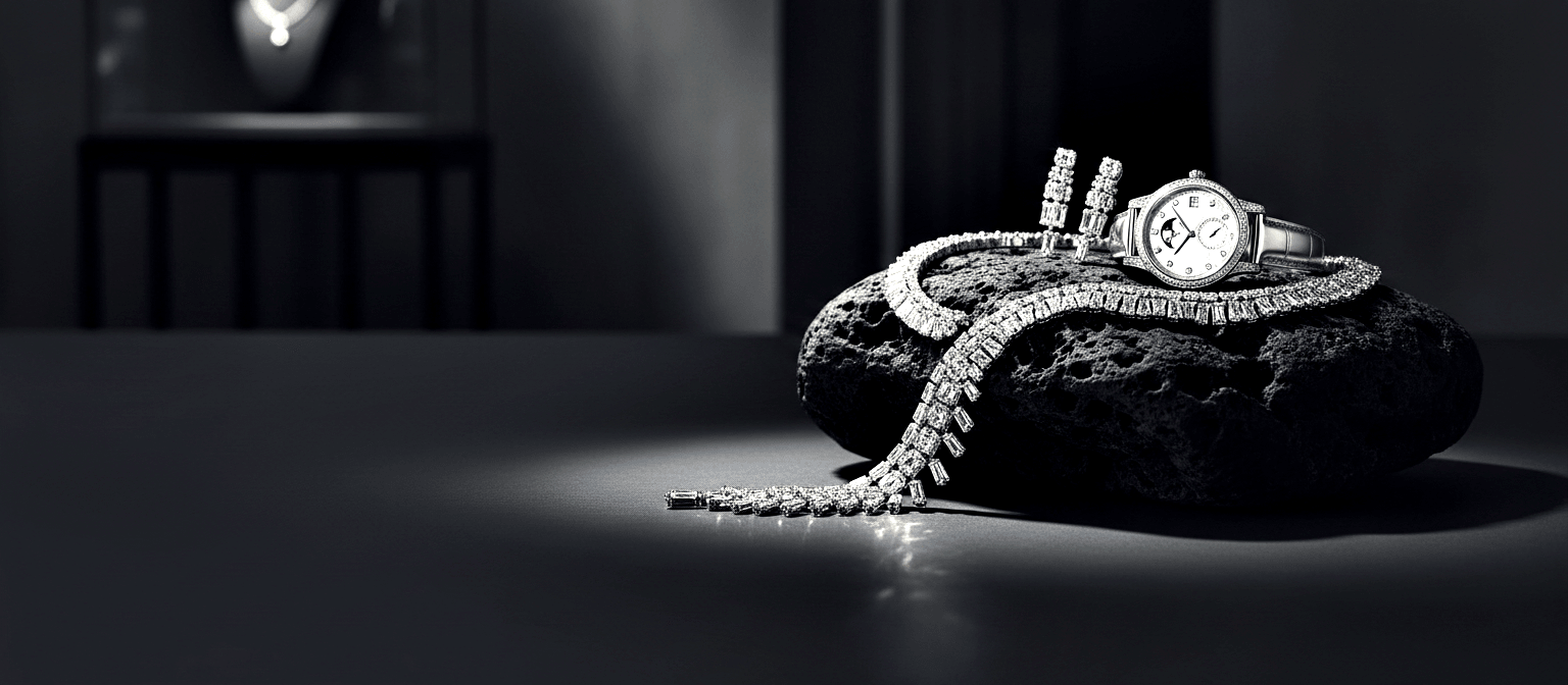 Diamond baguette-and-round-cut necklace, drop earrings, and moonphase dress watch on dark volcanic rock against near-black background.