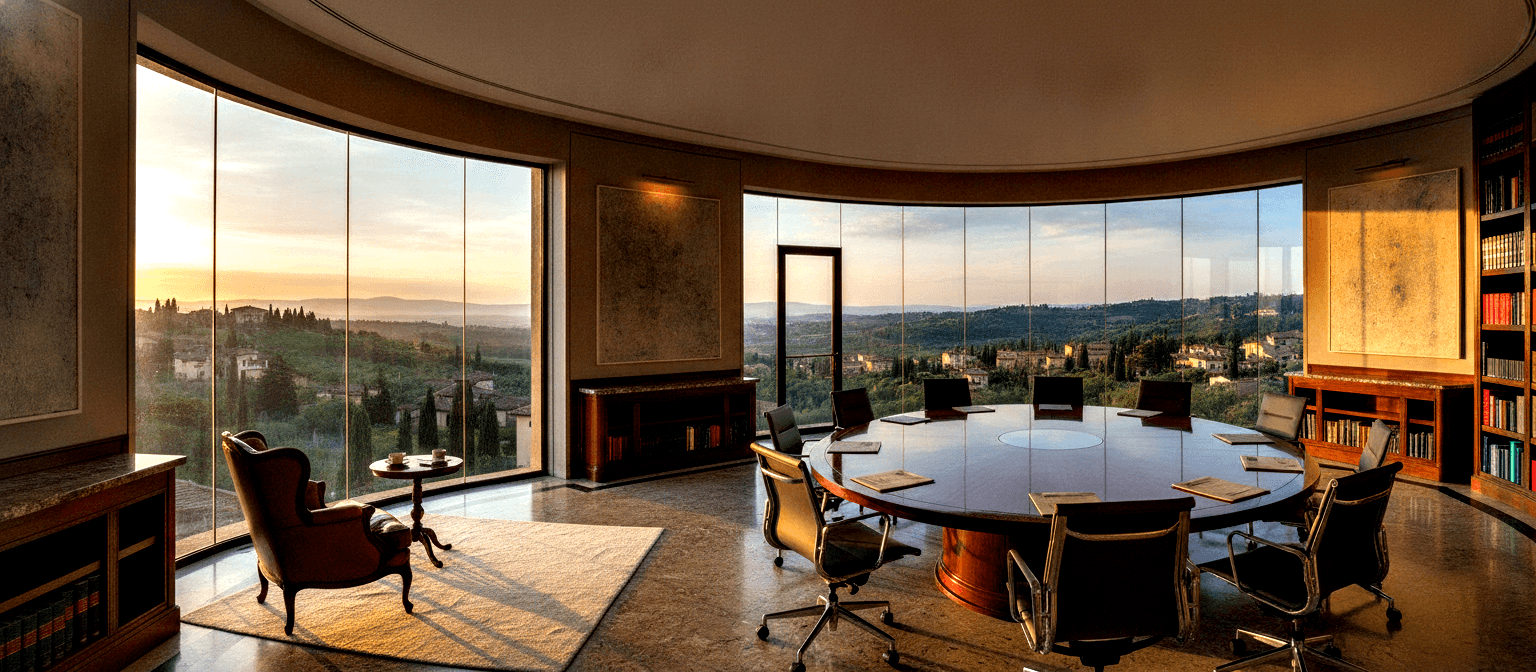Circular boardroom in rotunda with curved floor-to-ceiling glass, oval dark-wood table, leather chairs, golden-hour hill views.