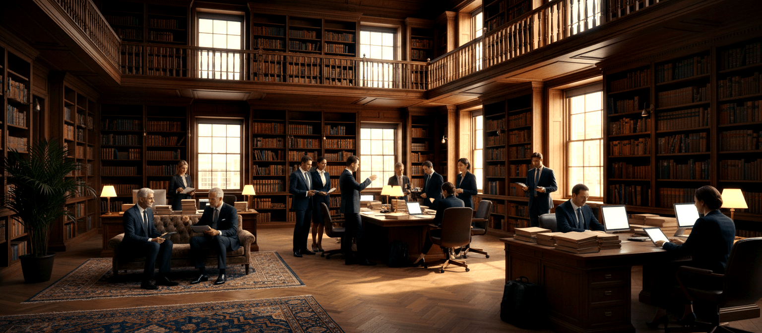 Grand two-story wood-paneled library with floor-to-ceiling bookshelves, herringbone floors, 10–12 suited people working.