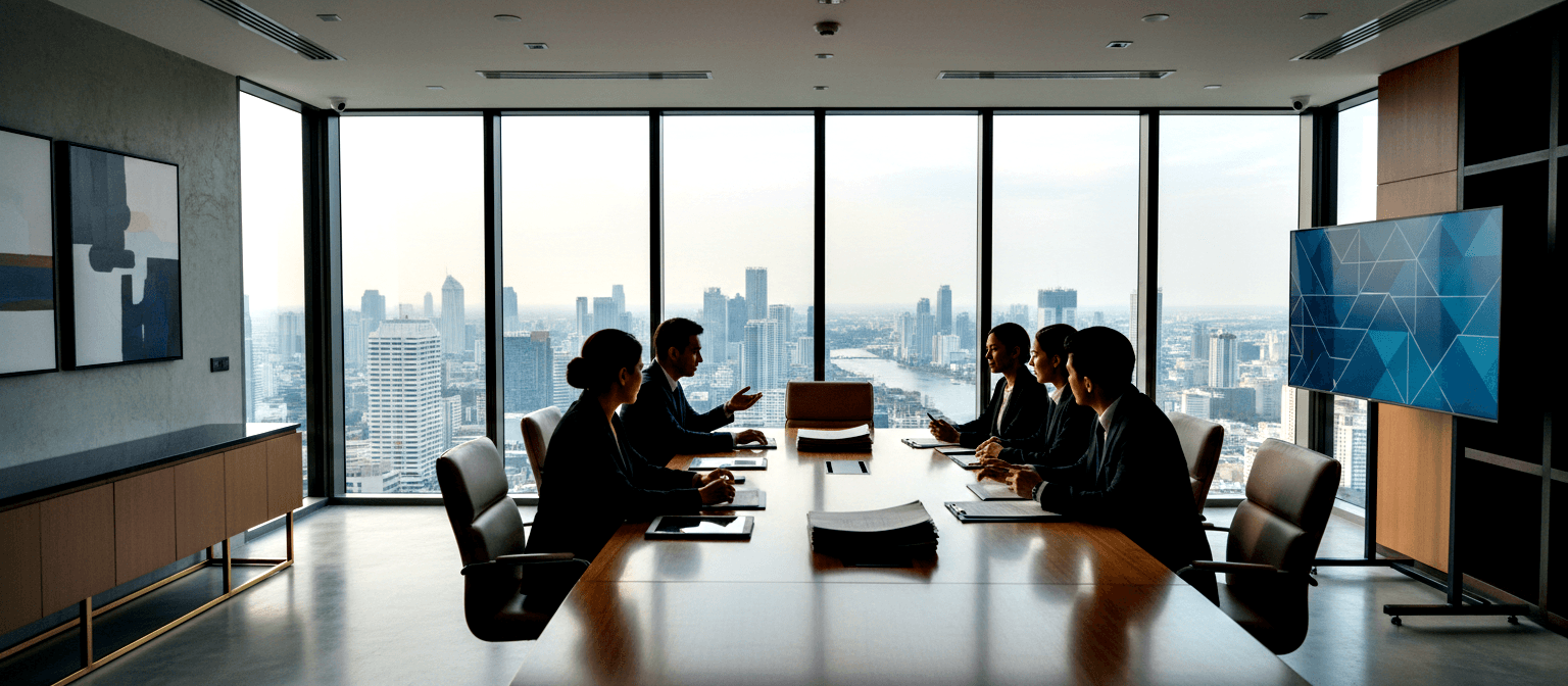 Formally dressed people sit around a wooden conference table, silhouetted by floor-to-ceiling windows showing a hazy urban skyline.