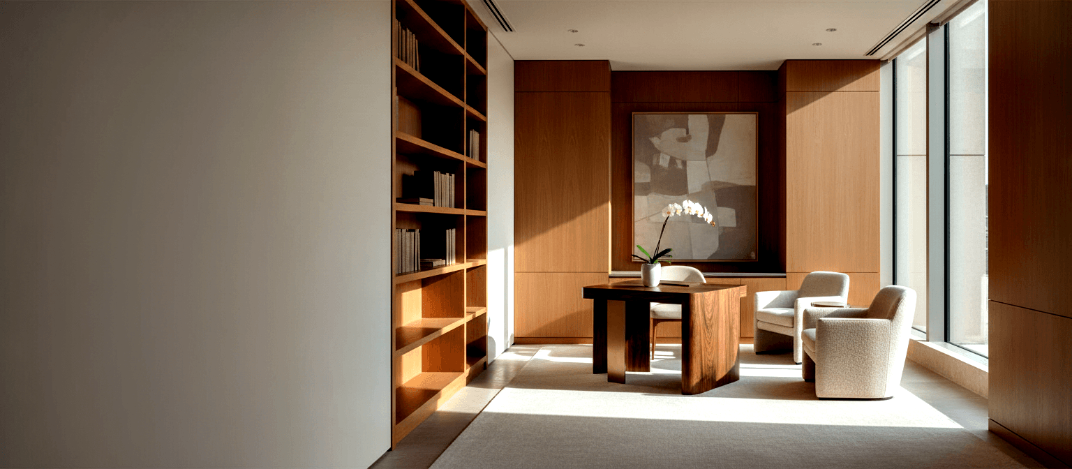 Study with honey-toned bookshelves, dark pedestal desk, white orchid, three cream bouclé armchairs, floor-to-ceiling windows.