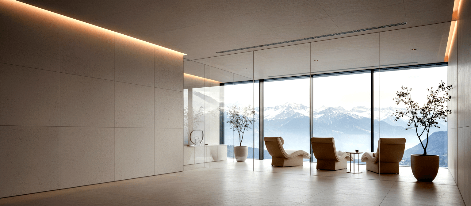 CGI lounge: cream organic chairs, brass side table, round planters, stone walls, floor-to-ceiling windows with snow-capped peaks.