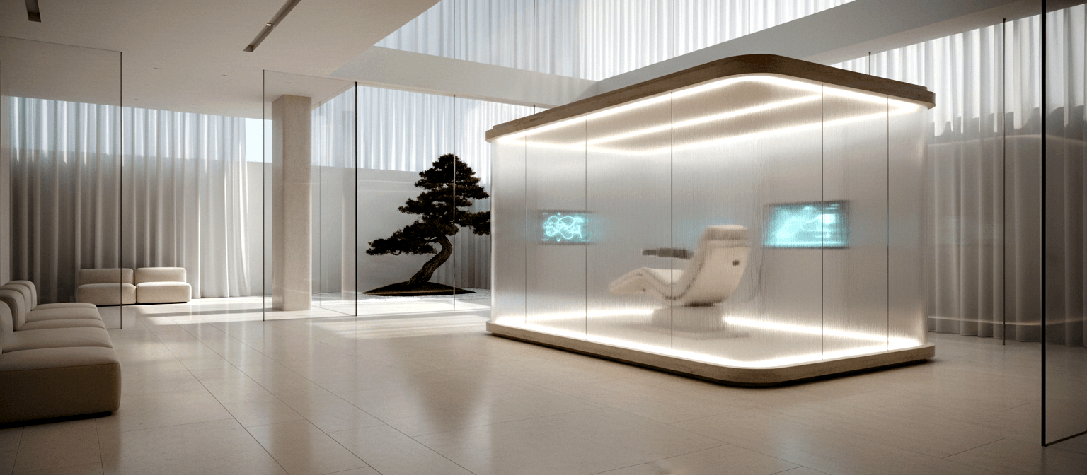 CGI interior with glass pod, amber LED edges, reclining white chair, cyan screens, bonsai behind partition, cream seating, high ceilings.