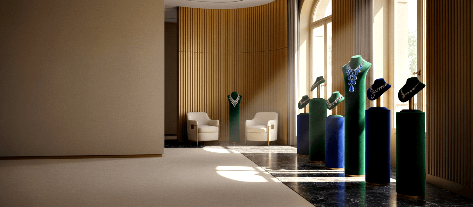 Velvet pedestals and bust forms displaying elaborate necklaces in a room with wood slat walls, dark marble floor, and arched window.