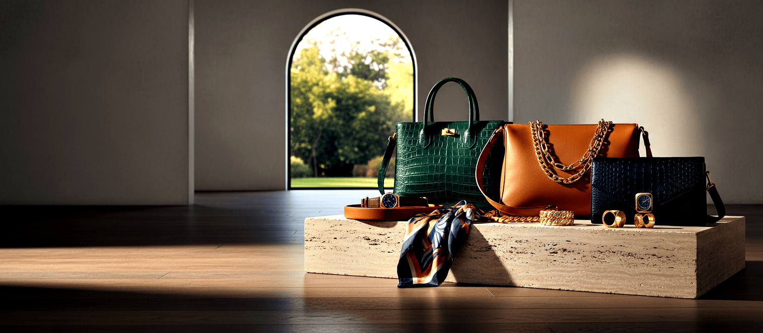 Forest green tote, cognac hobo with gold chain, and navy clutch on cream pedestal with scarf, watches, and rings.