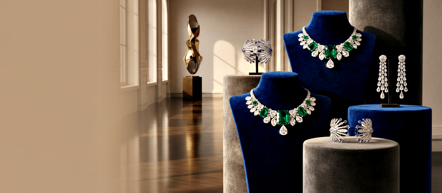 Gallery with emerald-diamond necklaces on blue velvet busts, chandelier earrings, lavender fan pieces, and gold sculpture.