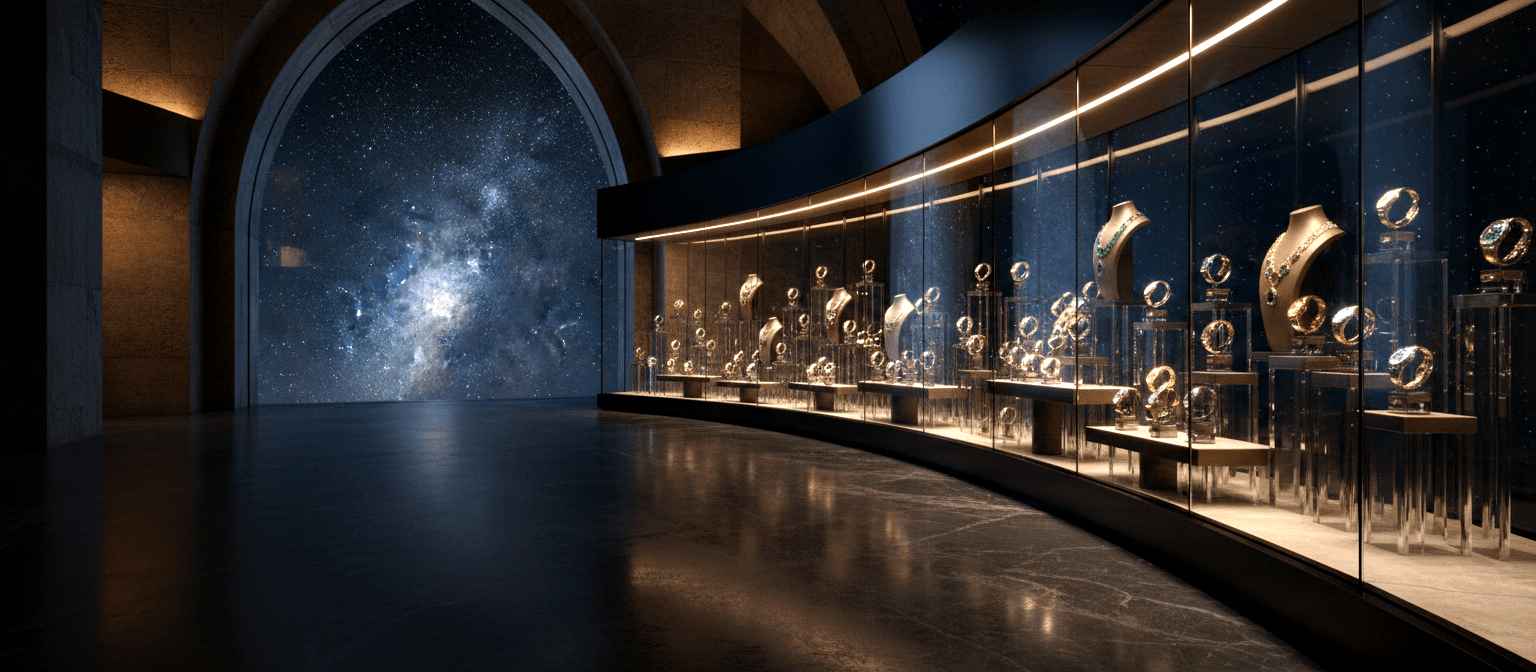 Curved showroom with illuminated glass cases displaying necklaces and rings in gold and emerald green, gothic arch opening to starry nebula sky.