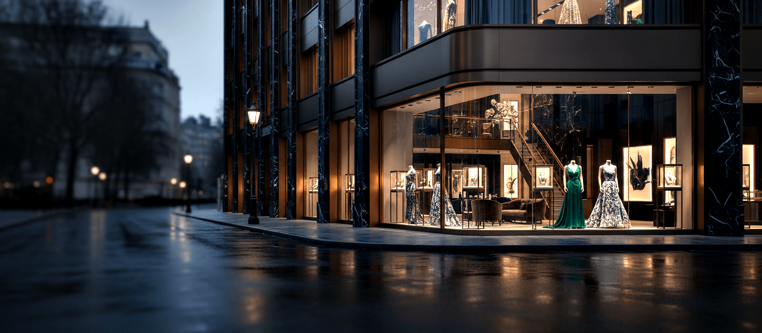 Street-corner boutique at blue-hour evening with large windows displaying mannequins in floor-length gowns on wet reflective pavement.