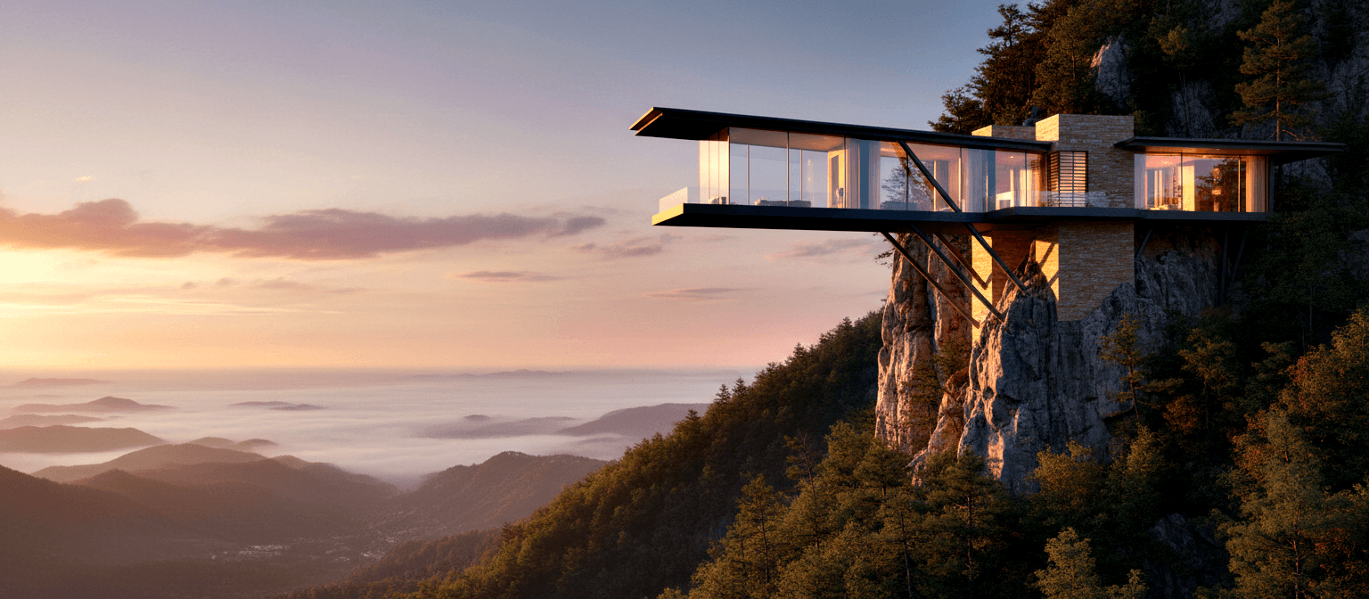 Glass-walled cantilevered structure jutting from a rocky cliff with steel struts, glowing interior light, overlooking a misty valley at sunset.