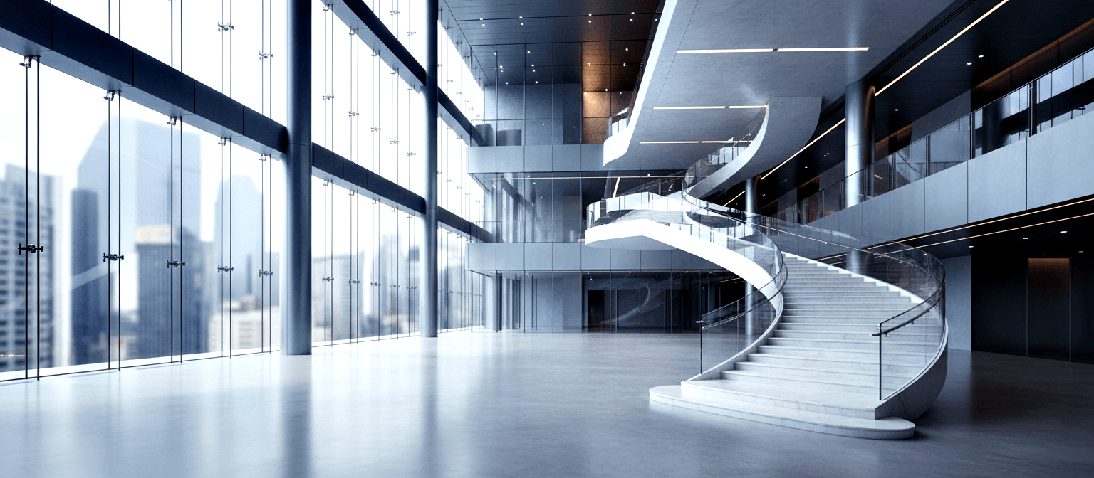 Multi-story atrium with helical white staircase, glass curtain walls, polished stone floors, and curved LED strips on a charcoal ceiling.