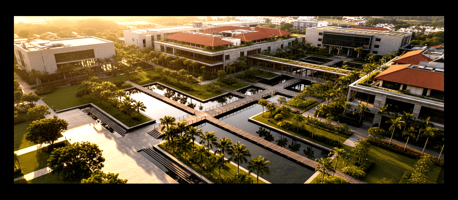 Aerial view of modern campus with reflecting pools, boardwalks, terracotta roofs, palms, and rooftop gardens at golden hour.