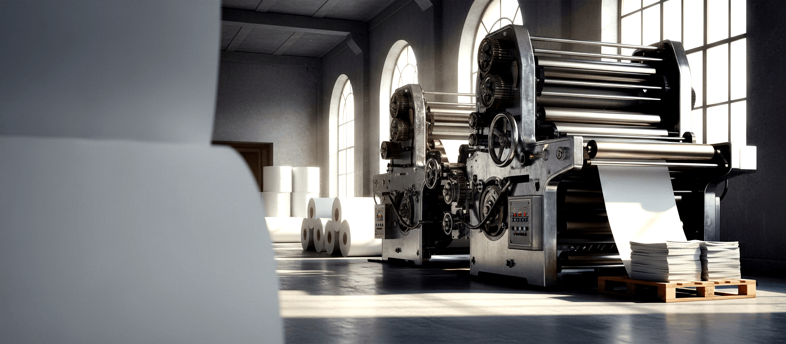CGI rotary printing press with rollers and gears, paper rolls left, printed sheets on pallet right, light shafts through arched windows.
