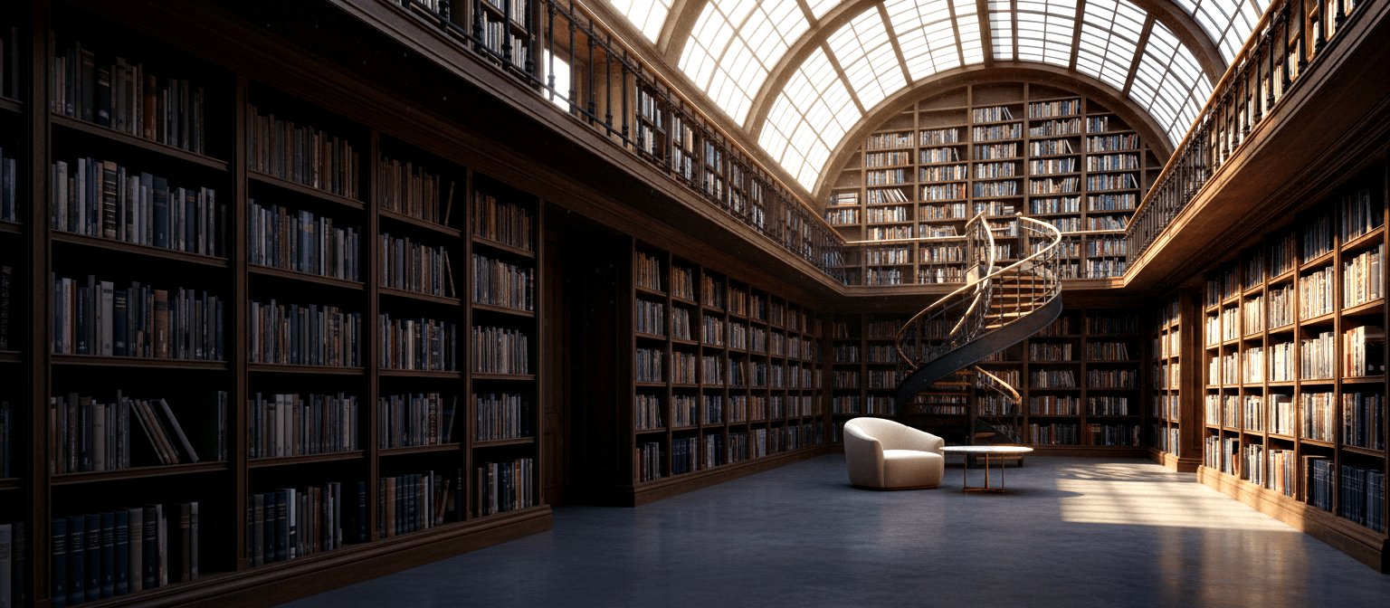 Two-level library with barrel-vaulted glass skylight, floor-to-ceiling dark walnut shelves, spiral staircase, and cream armchair.