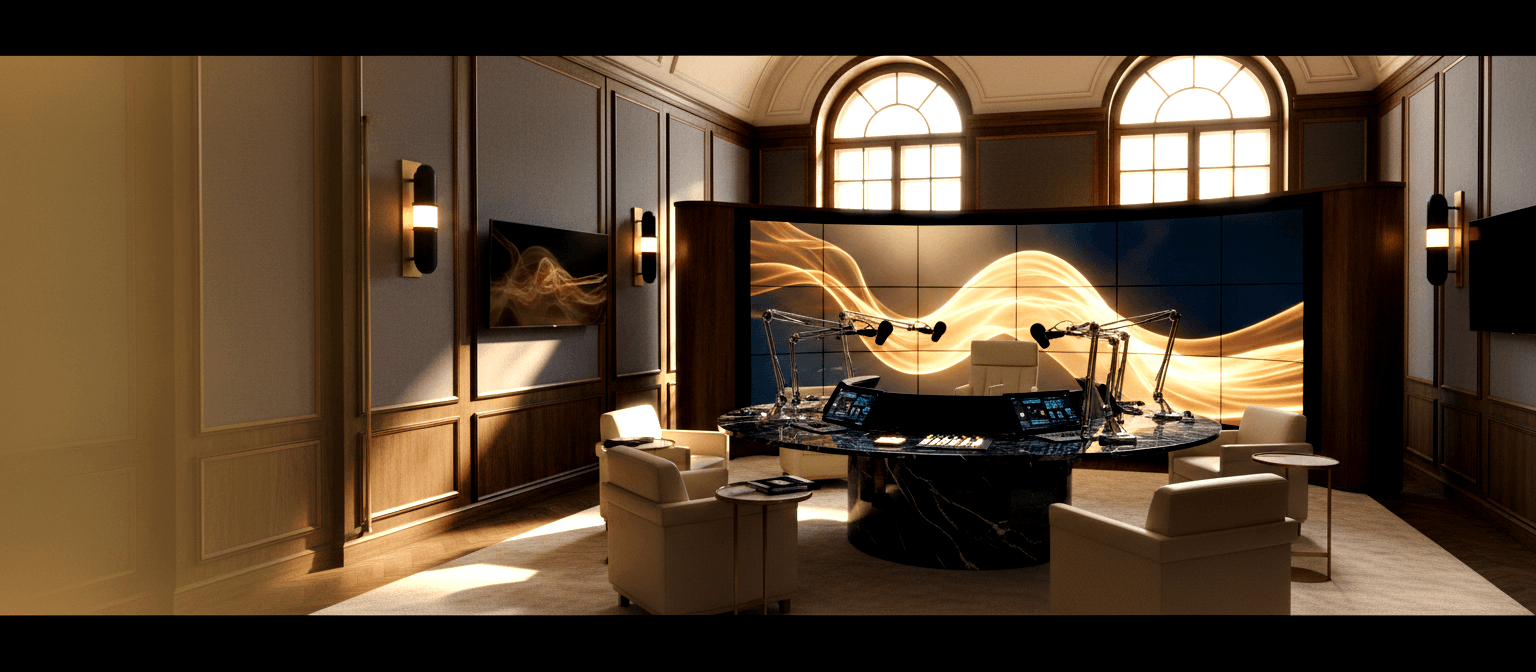 CGI broadcast studio: curved black marble desk, mic booms, touchscreens, cream armchairs, curved LED wall with amber wave graphic.