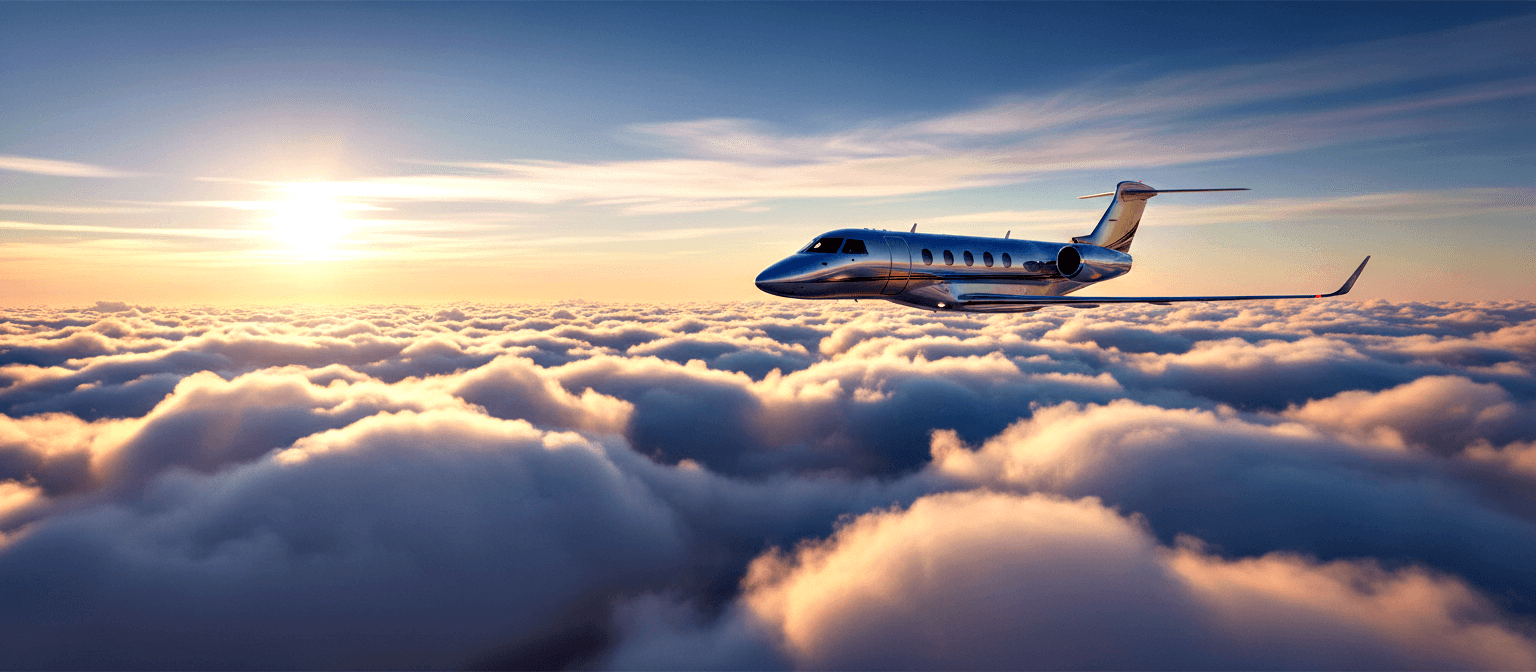 Silver twin-engine private jet with T-tail and rear-mounted engines flying above cloud layer in warm amber and gold sunset light.