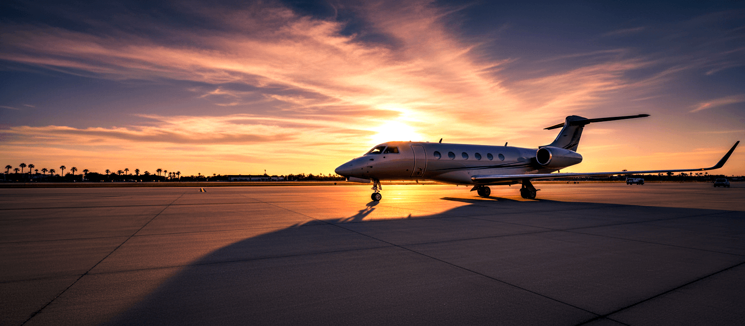 Business jet with rear-mounted engines and T-tail on tarmac at golden hour, sun creating a halo behind the fuselage.