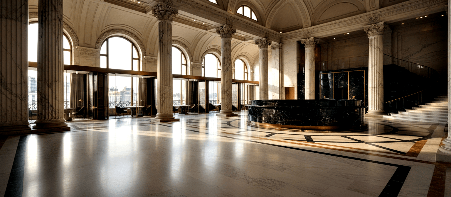 Neoclassical interior hall with circular black marble reception desk, gold trim, Corinthian columns, marble floor, and grand staircase.
