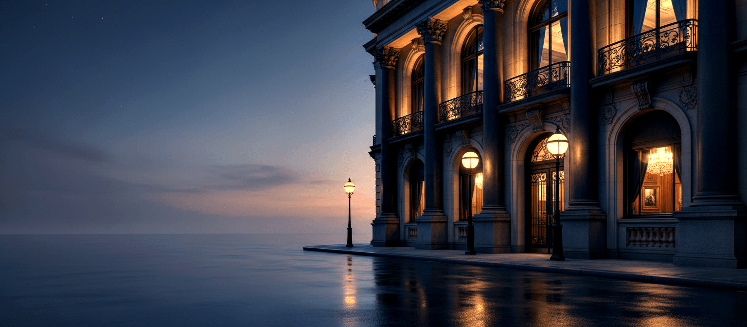 CGI neoclassical palace with arched windows, ornate balconies, amber light on wet promenade, street lamp, twilight horizon.