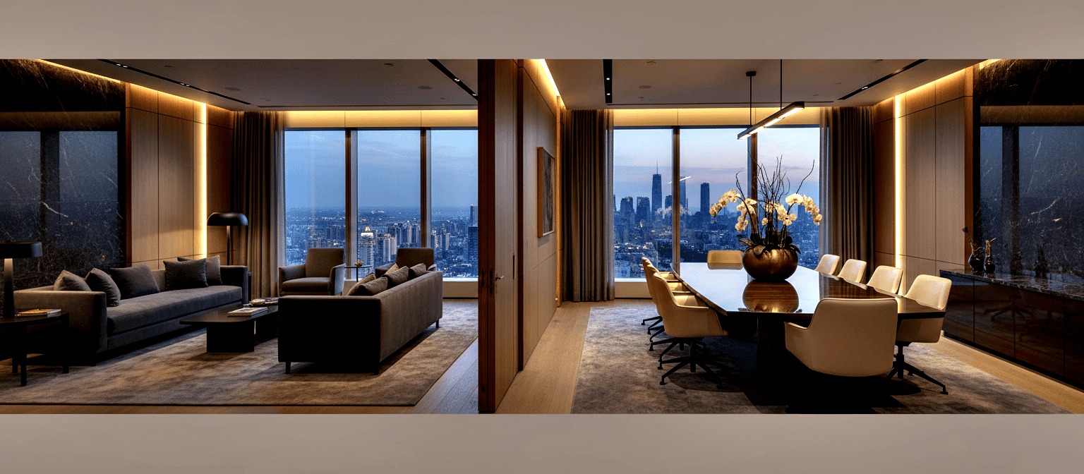 Diptych: lounge with dark gray sofas by twilight skyline windows; conference room with dark wood table, white chairs, amber lighting.
