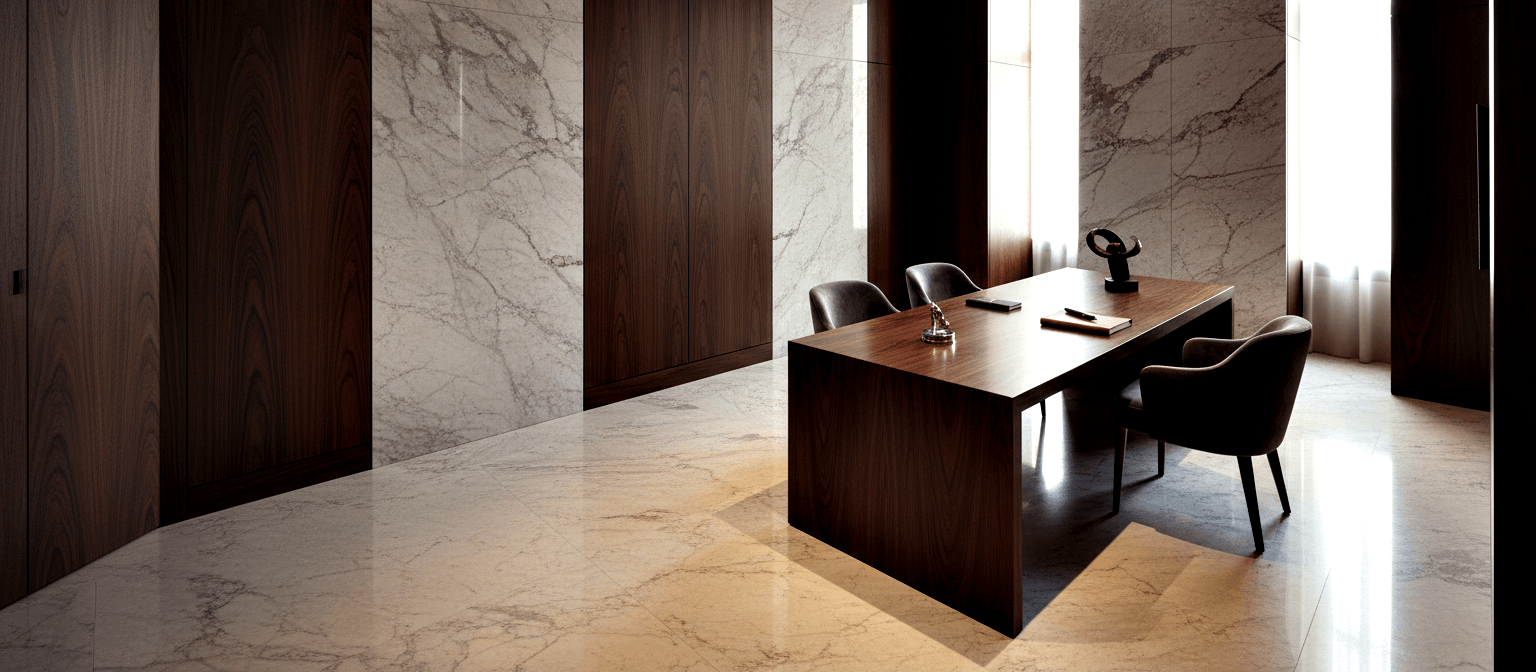 Empty executive office with dark-wood desk, charcoal armchairs, cream marble and dark wood panel walls, polished marble floor.