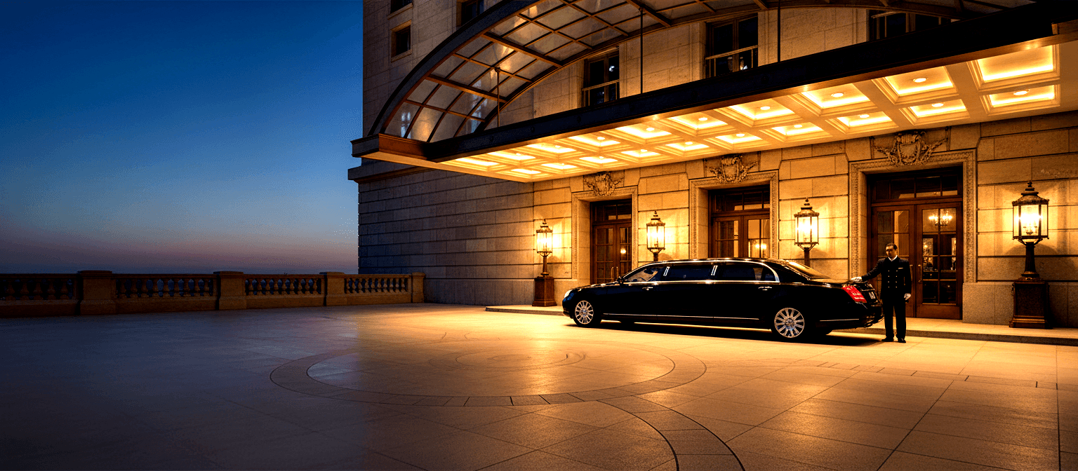 Black sedan parked under ornate glass-and-metal porte-cochère of classical stone building at dusk, uniformed figure at rear door.