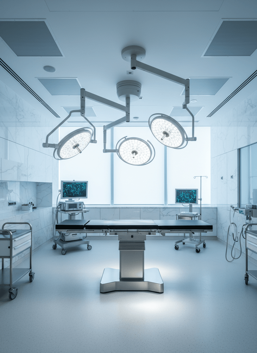 Empty surgical operating room with stainless steel table, three circular LED overhead lights, and wheeled monitor carts with blue-teal screens.