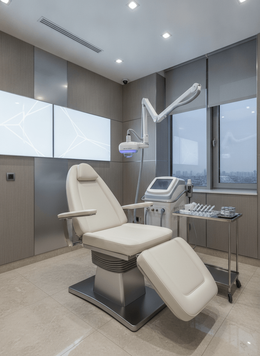 Reclined white leather treatment chair, articulating arm lamp with blue light overhead, medical device with touchscreen at right.