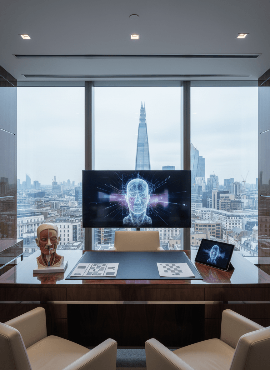 Dark wood executive desk, monitor showing blue wireframe human head, glass skyscraper and city skyline through floor-to-ceiling windows.