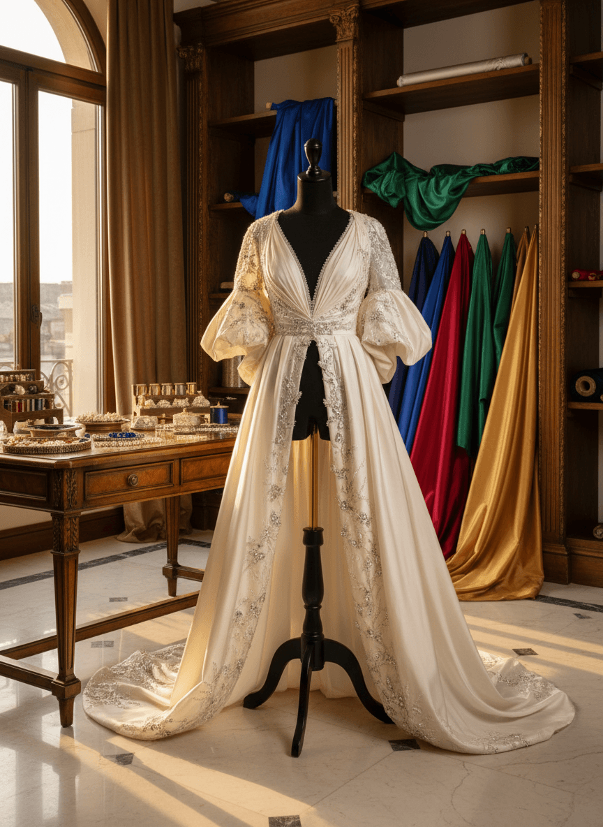 Ivory-cream ceremonial gown with puffed sleeves, deep V-neckline, and silver-beaded trailing skirt on a black mannequin.