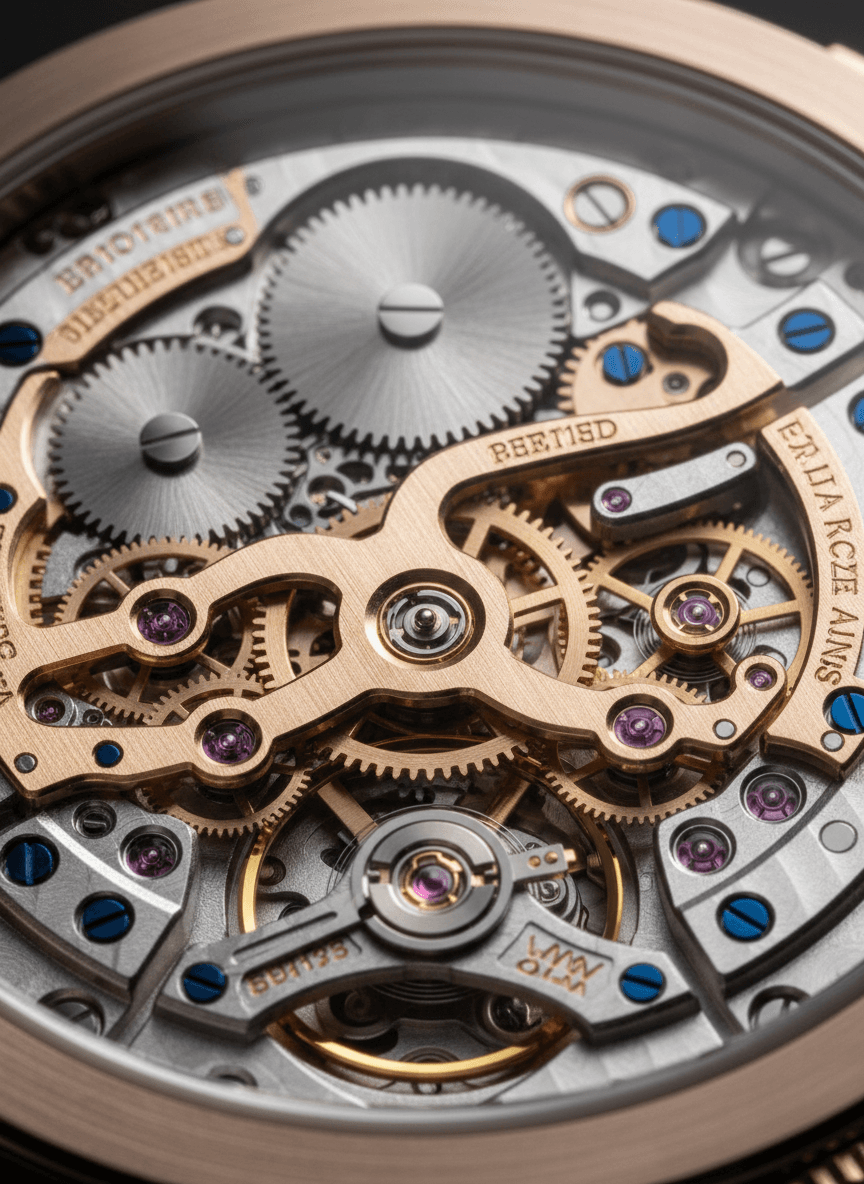 Skeletonized mechanical watch movement with rose gold three-arm bridge, interlocking gears, violet jeweled bearings, and blue perimeter screws.