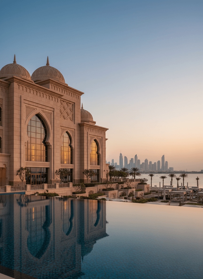 Sandstone palatial building with Moorish arched windows and domed cupolas beside a deep blue-teal infinity pool at twilight.