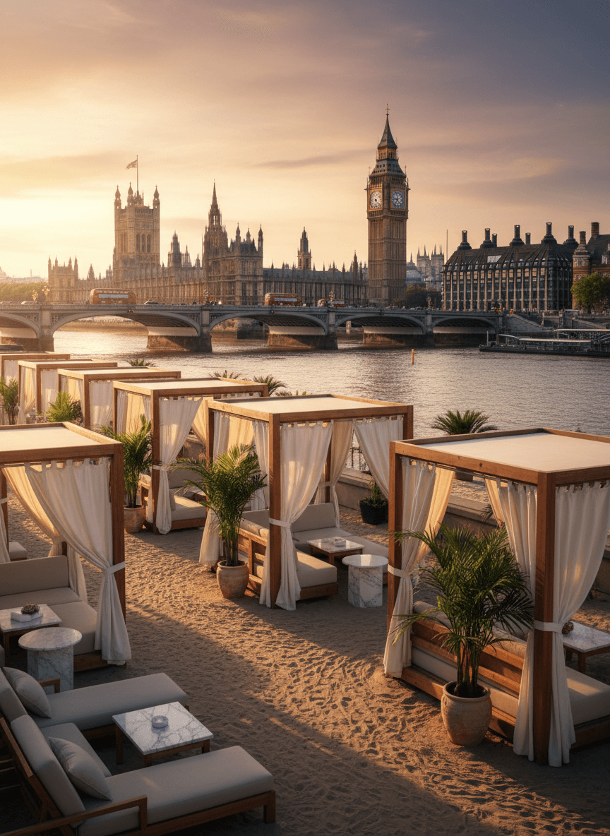 Beach cabanas with white curtains on sandy riverbank facing gothic stone buildings, clock tower, and bridge with red double-decker buses.