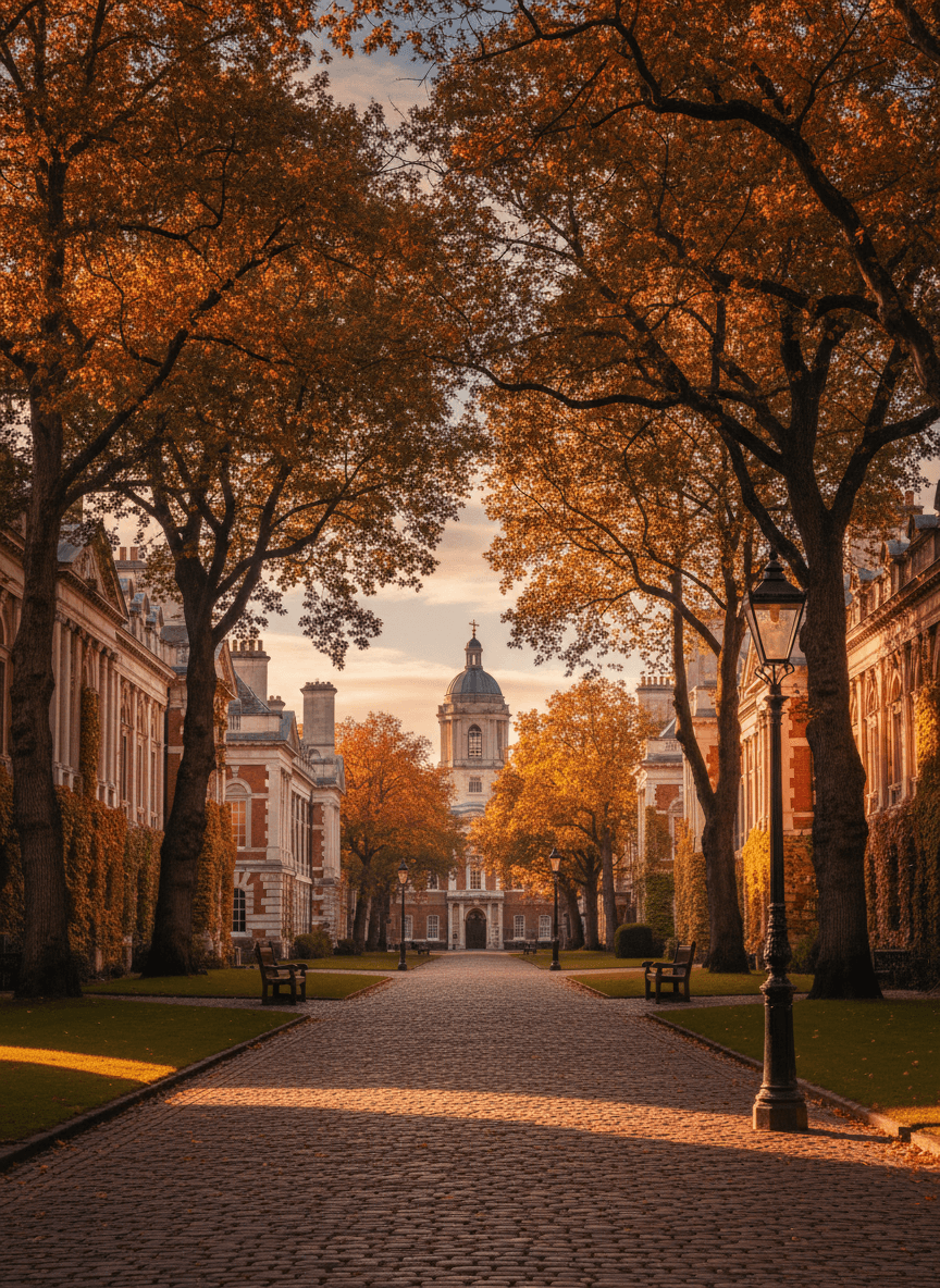 Cobblestone path with benches leads to domed building with cupola and cross, flanked by ivy-covered brick buildings in autumn light.