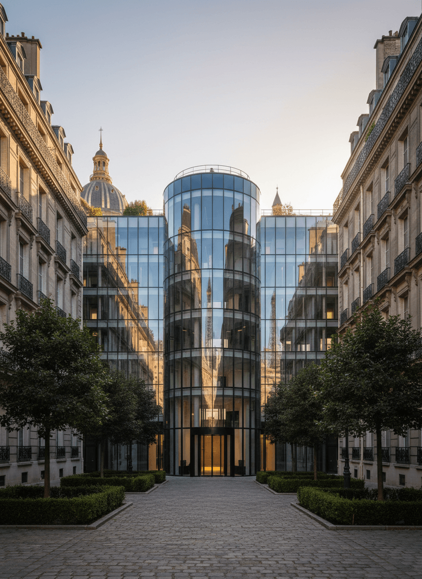 Symmetrical courtyard with cobblestone axis, geometric hedgerows, and trimmed trees leading to a glass building with cylindrical tower.