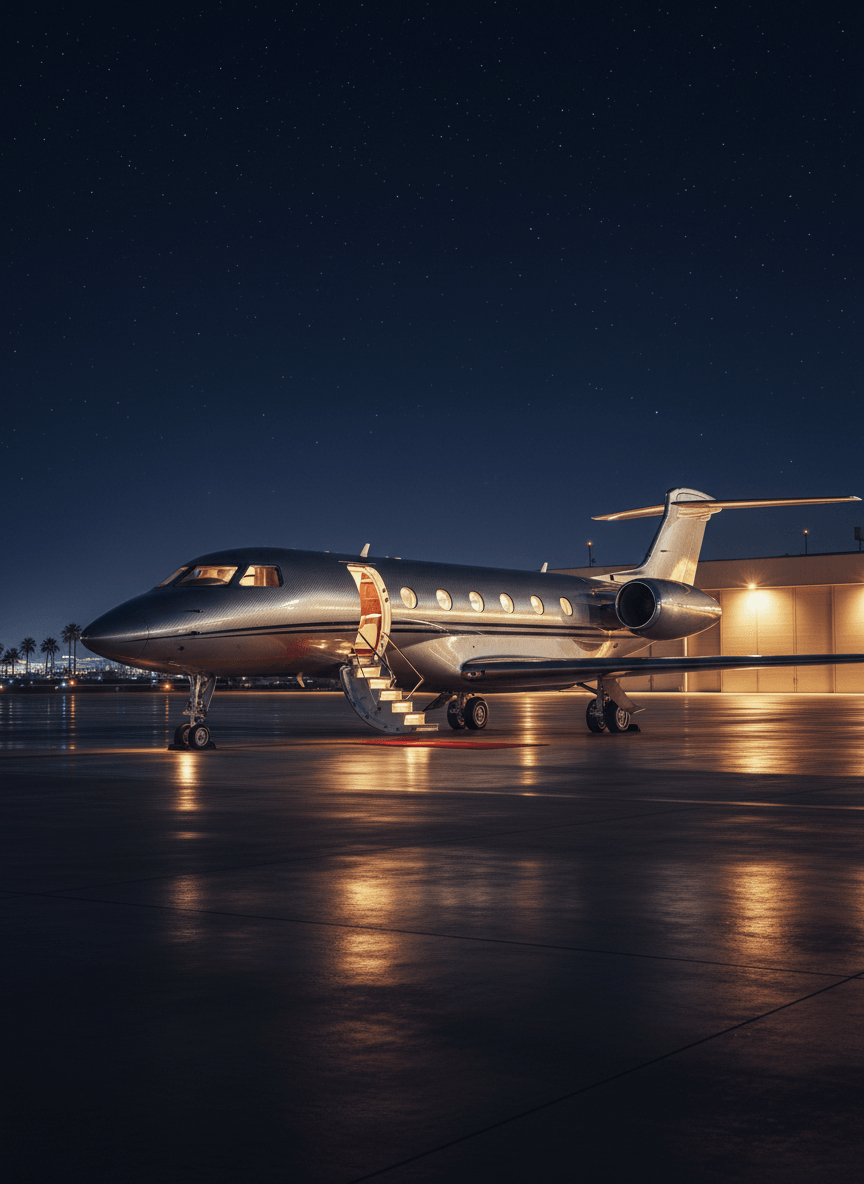 Silver T-tail business jet on wet nighttime tarmac, boarding stairs deployed, warm cabin light spilling from open door, red mat at base.