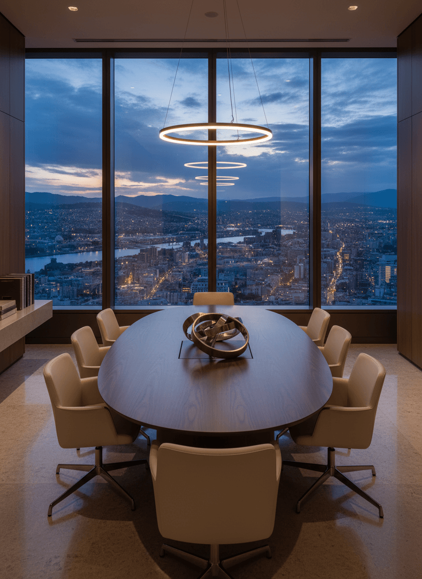 Empty boardroom: oval dark walnut table, cream swivel chairs, tiered LED chandelier, panoramic twilight cityscape through full-height windows.