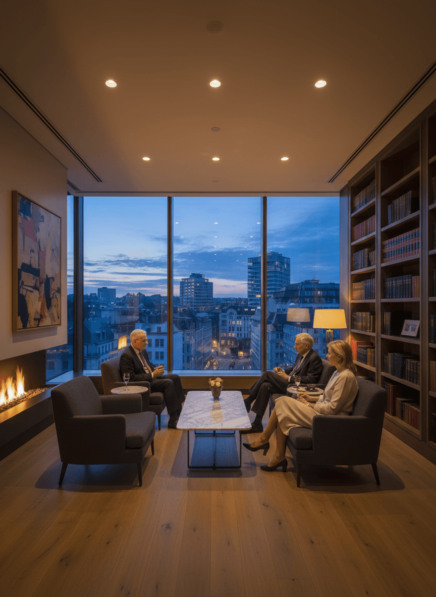 Three people conversing in a high-floor lounge with floor-to-ceiling windows showing a dusk cityscape, amber fireplace glow.