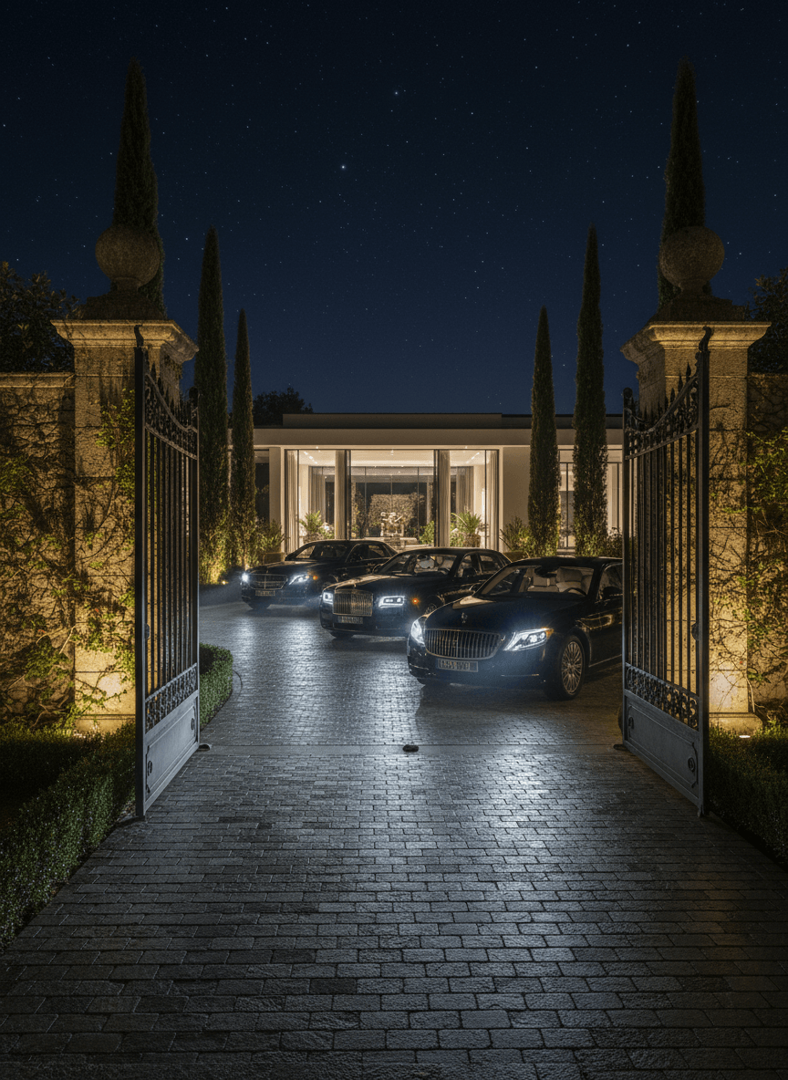 Three dark cars parked on a cobblestone driveway beyond open wrought iron gates flanked by stone pillars and ivy-covered walls at night.