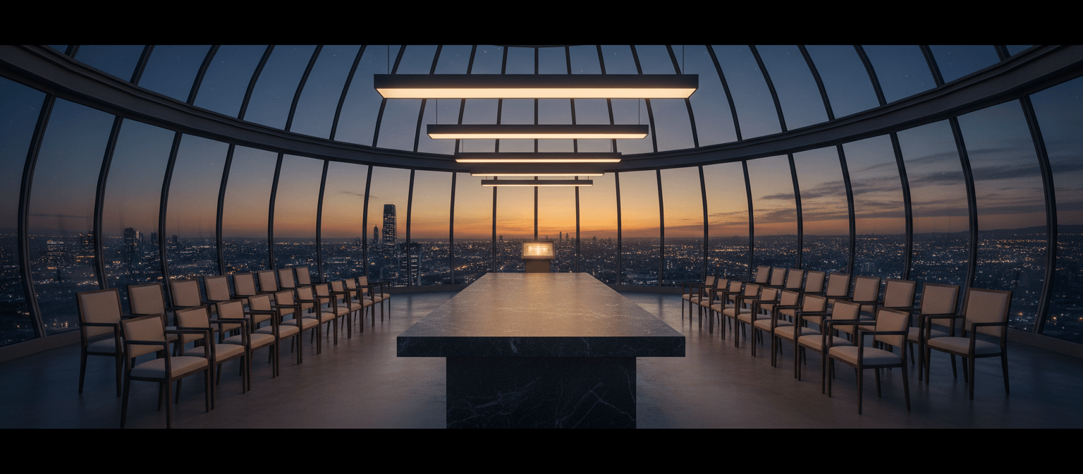 Empty boardroom with long dark marble table, cream chairs, and curved floor-to-ceiling glass walls overlooking a twilight city skyline.