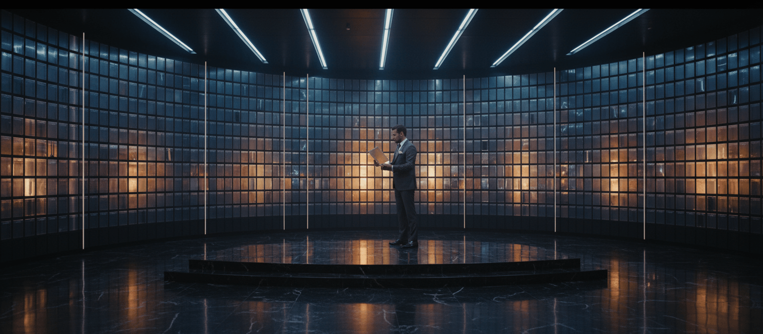 Man in dark charcoal suit stands on circular dais holding open folder, surrounded by curved grid walls backlit with amber light.