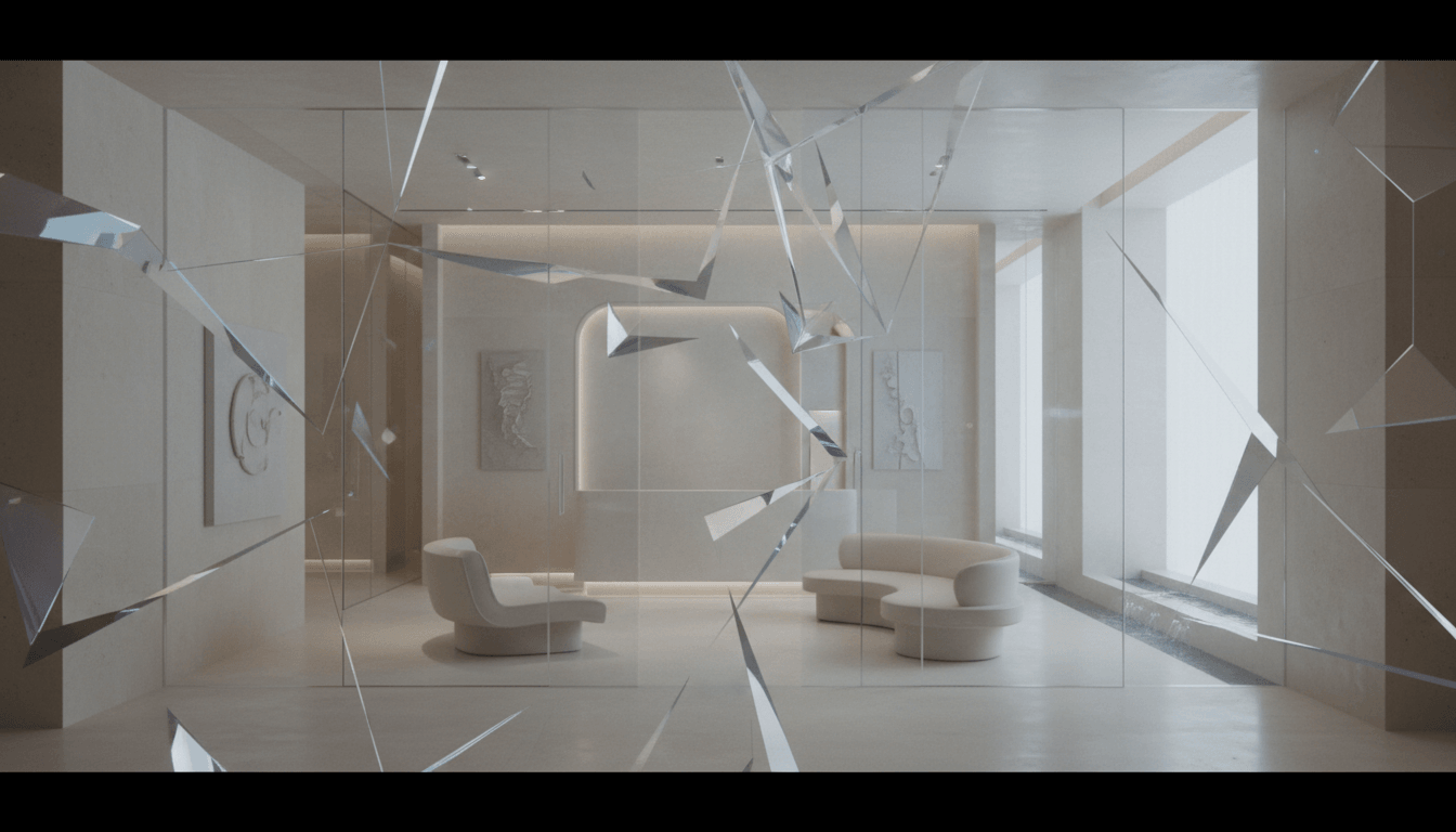 CGI corridor with cream paneled walls, curved lounge chairs, and numerous sharp glass fragments suspended mid-air across the frame.