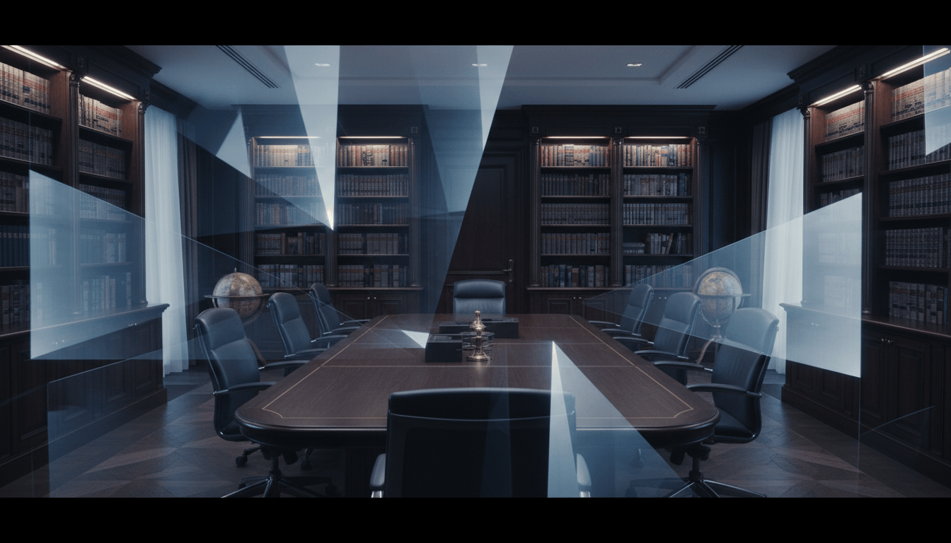 Empty formal conference room with dark wood bookshelves, long table, black leather chairs, and geometric blue-white light beams from ceiling.