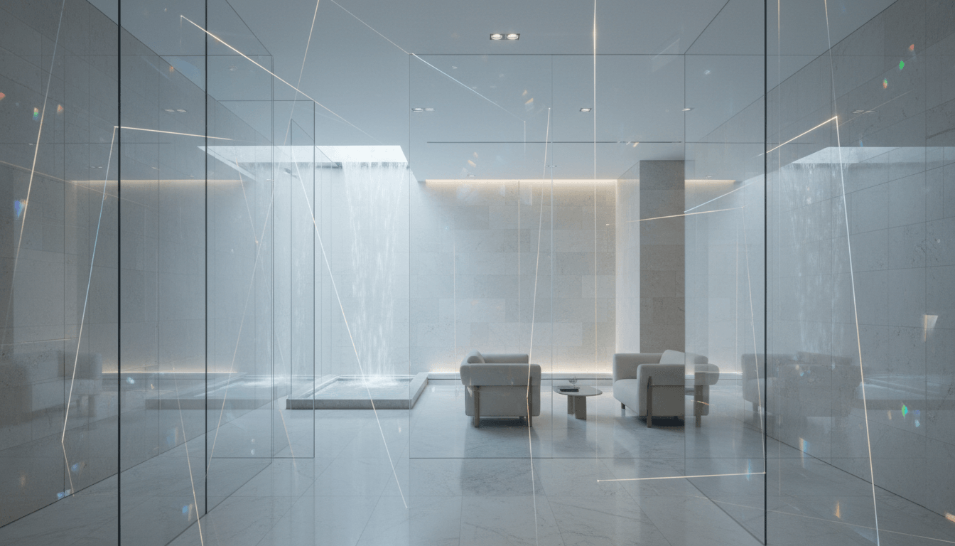 Prismatic rainbow light from frameless glass panels over a skylight waterfall into a shallow basin with stone walls and amber LED cove lighting.