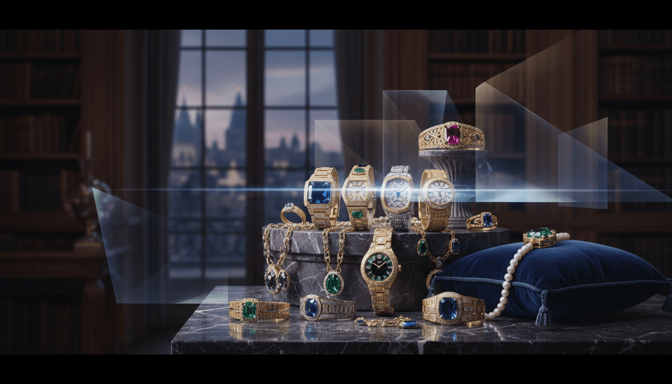 Gold watches, gemstone rings, bracelets, pearls on dark marble below a pink-gemstone tiara on a pedestal, twilight skyline behind.