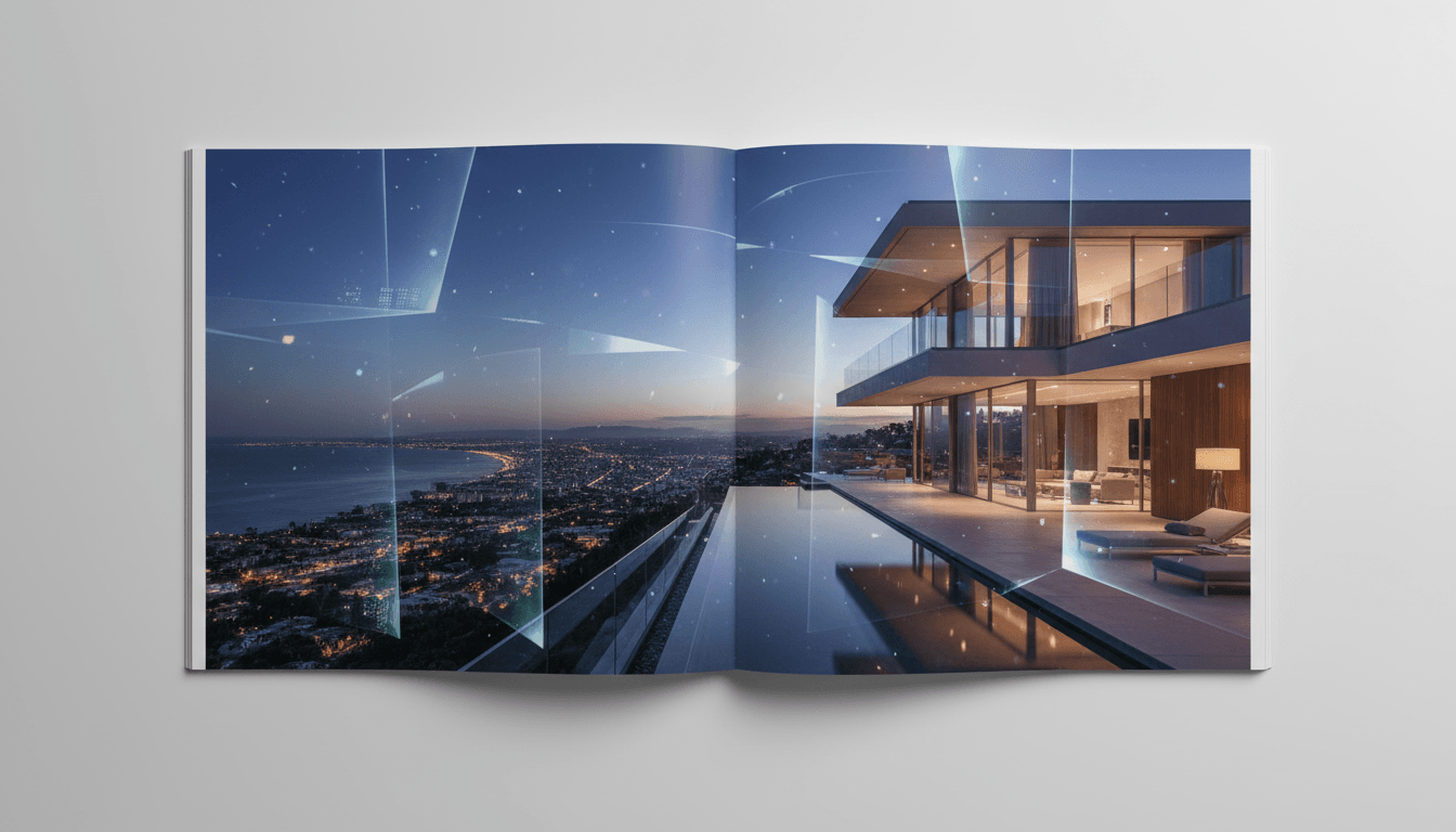 Open book showing twilight villa with infinity pool, glass walls, amber city backdrop, indigo sky, and crystal geometric overlays.