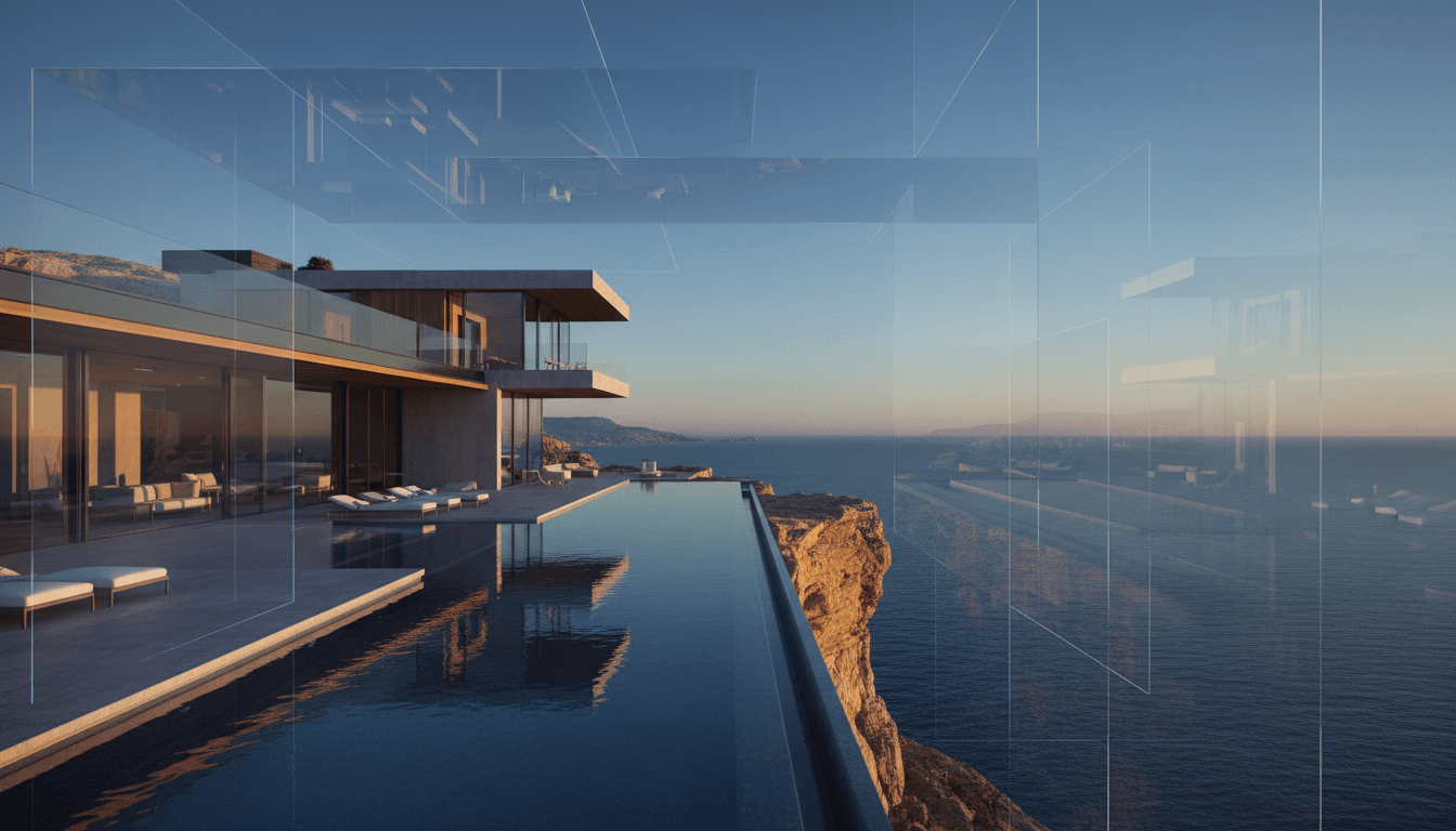 CGI villa with cantilevered concrete overhangs, floor-to-ceiling glass, and infinity pool at rocky cliff edge above deep blue sea at dusk.